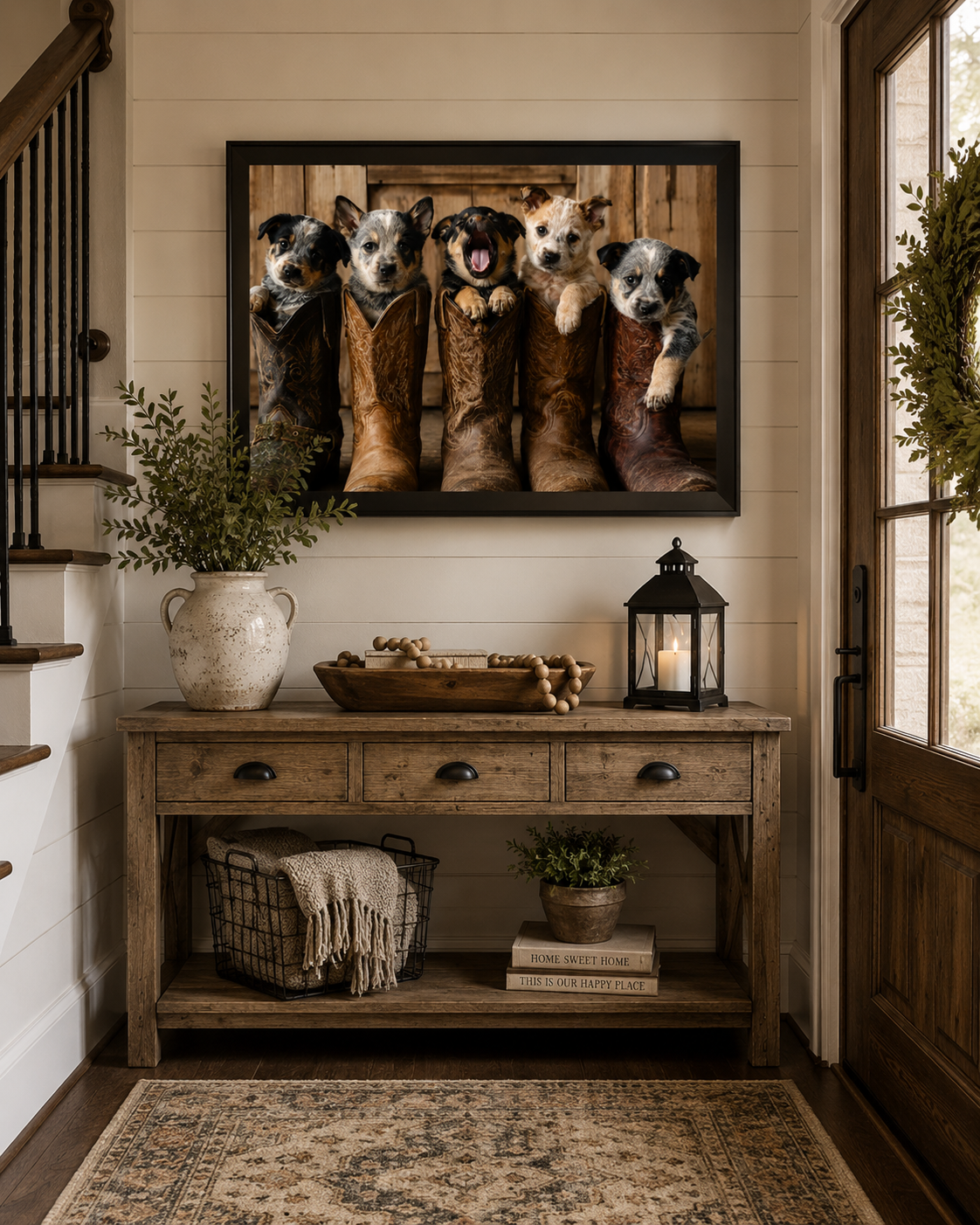 Entryway Foyer - Adorable puppies peeking from weathered cowboy boots create a heartwarming blend of Western charm, playful personalities, and rustic farmhouse style.