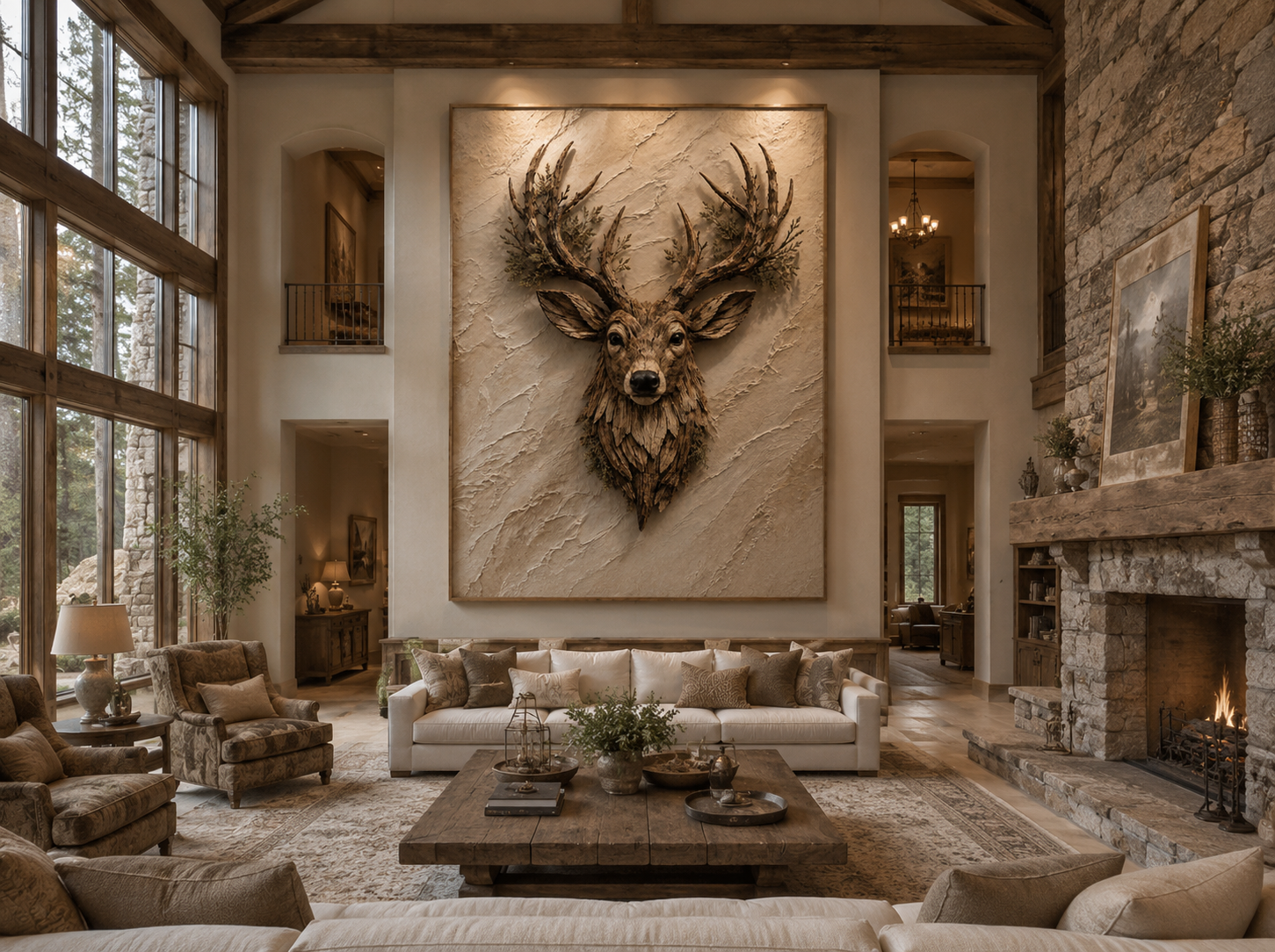 Living Room Setting - Wooden deer head sculpture on a textured wall with 3-D appearance.