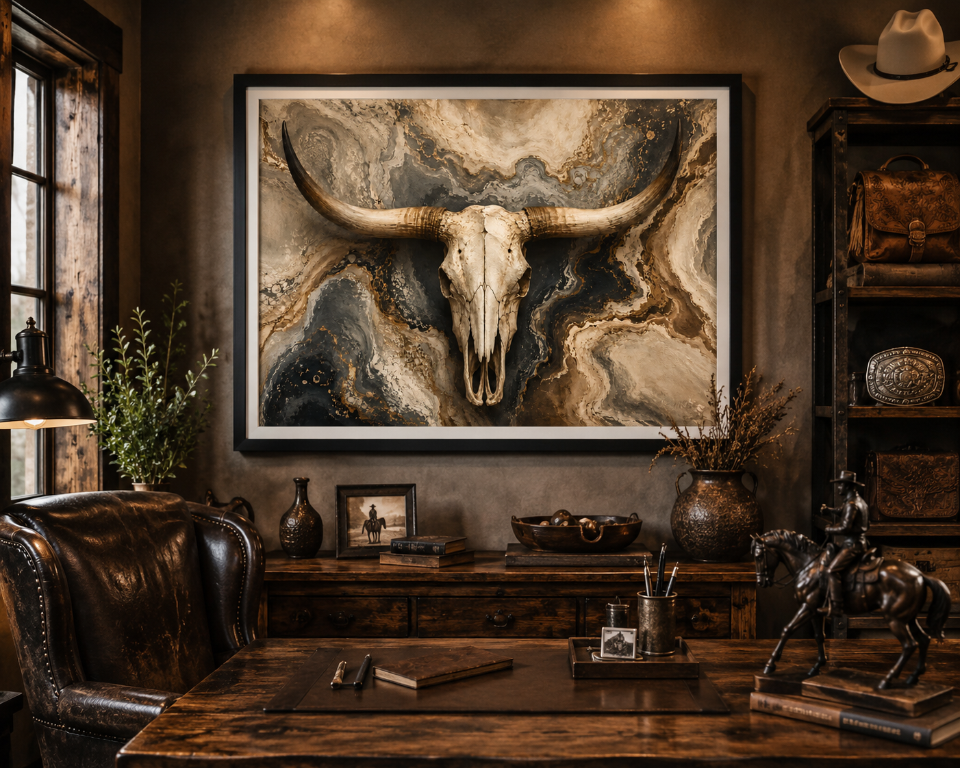 Up close western longhorn skull artwork featuring a dramatic marbled background in ivory, charcoal, taupe, and gold. Modern ranch-inspired wall art blending rustic Western heritage with luxury farmhouse and contemporary home décor styles.  Office setting.