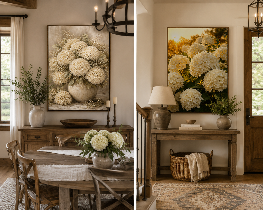 Dining Room Setting - White hydrangea flowers in a textured vase on a wooden surface