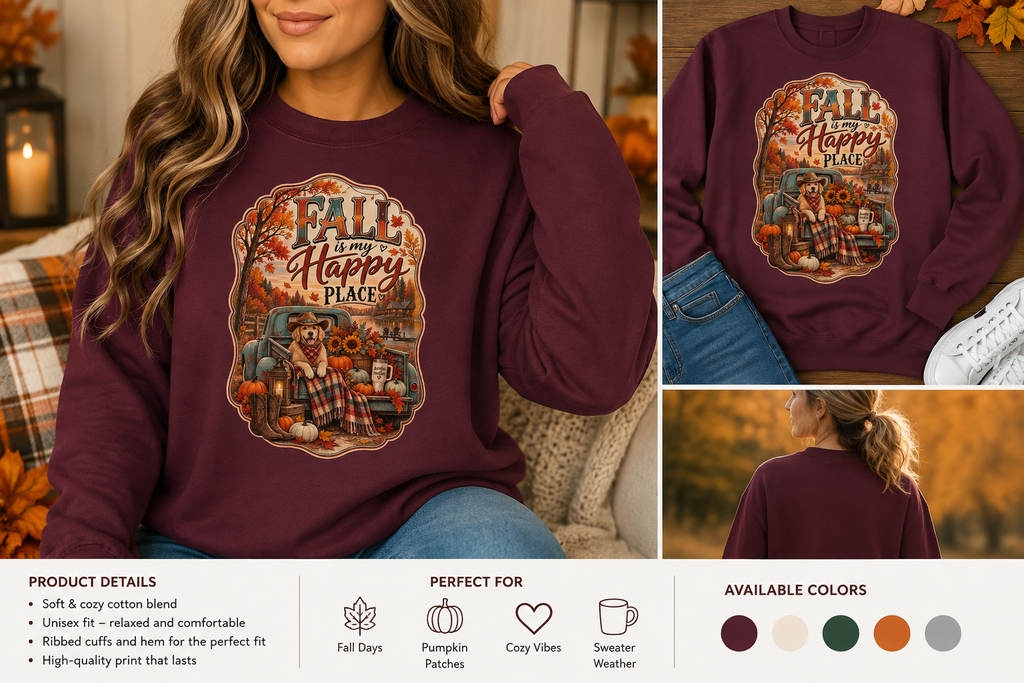 Fall Is My Happy Place | Golden Retriever Fall Shirt | Country Autumn Dog Design | Vintage Truck Pumpkin Sweatshirt - Unisex Ultra Cotton Long Sleeve Tee