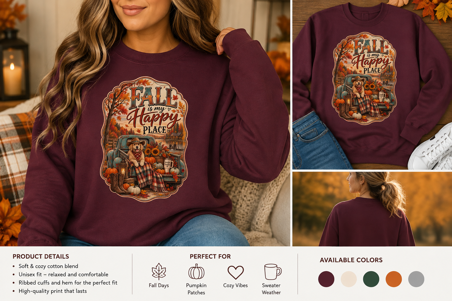 Fall Is My Happy Place | Golden Retriever Fall Shirt | Country Autumn Dog Design | Vintage Truck Pumpkin Sweatshirt - Unisex Ultra Cotton Long Sleeve Tee