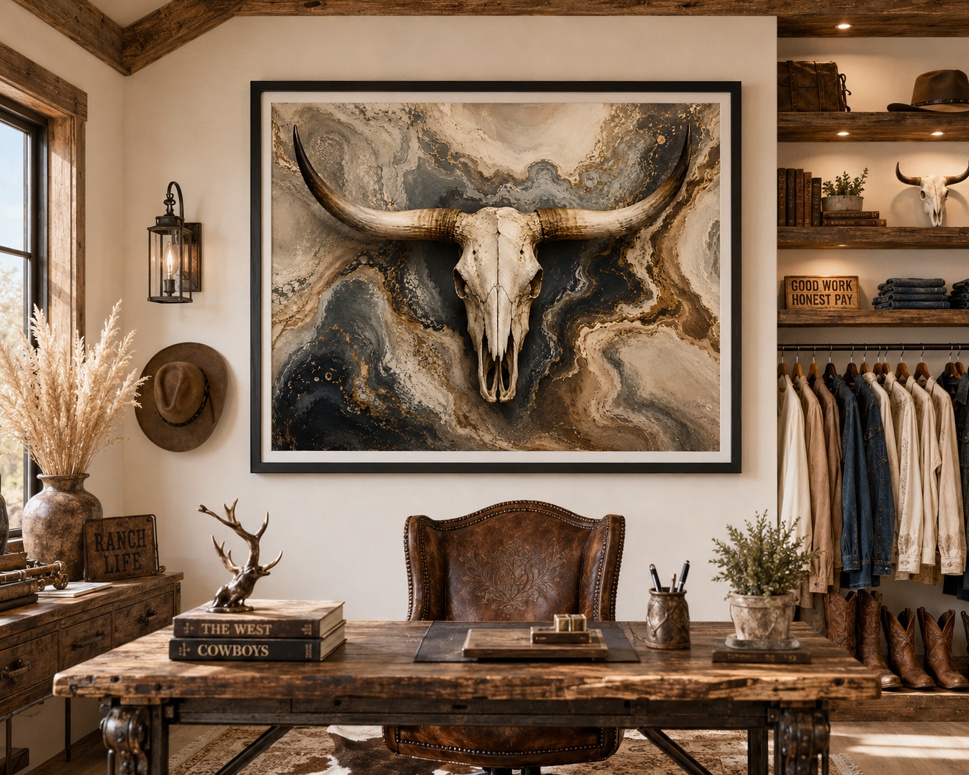 Office setting of western longhorn skull artwork featuring a dramatic marbled background in ivory, charcoal, taupe, and gold. Modern ranch-inspired wall art blending rustic Western heritage with luxury farmhouse and contemporary home décor styles.