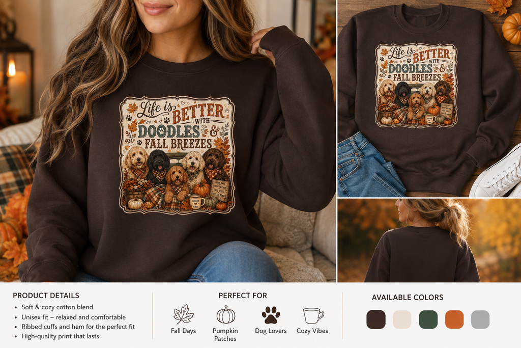 Life Is Better With Doodles & Fall Breezes | Doodle Dog Fall Shirt | Dog Mom Autumn Sweatshirt | Fall Dog Lover Gift - Unisex Ultra Cotton Long Sleeve Tee