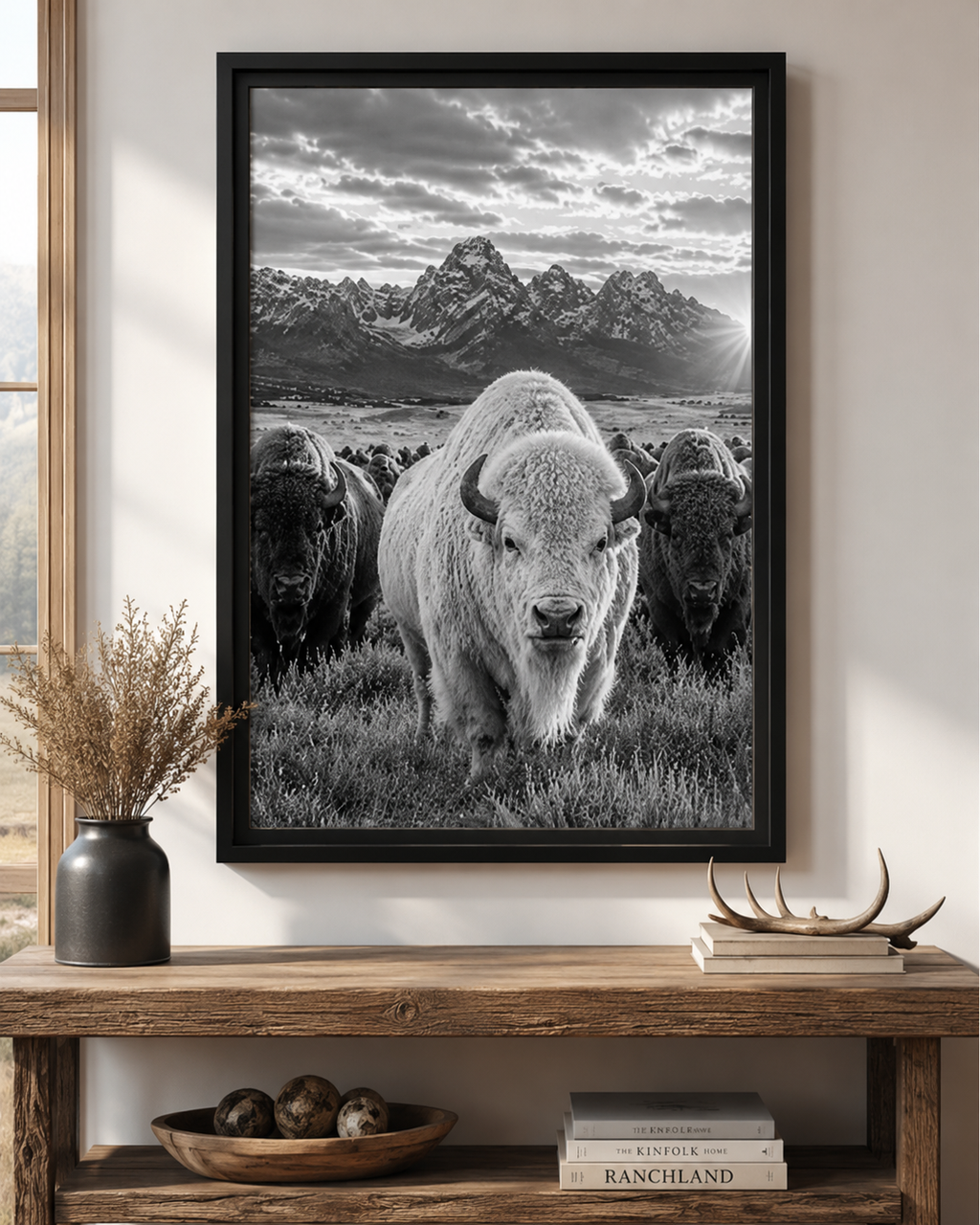 The White Monarch - Framed Matte Canvas Print — White Buffalo Herd in Mountain Landscape