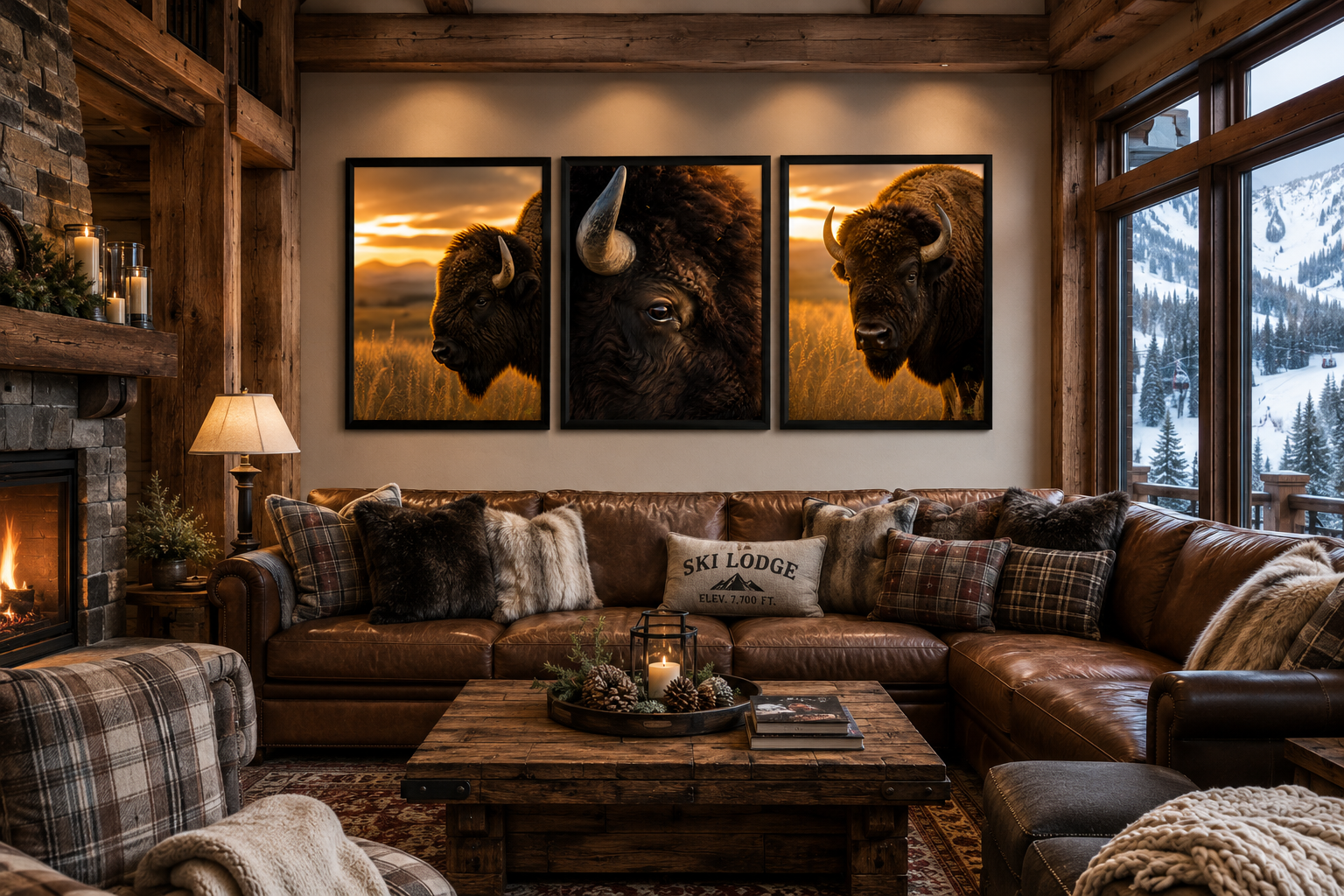 Golden Prairie Sentinel Collection - Buffalo/Bison Framed Print Set of 3