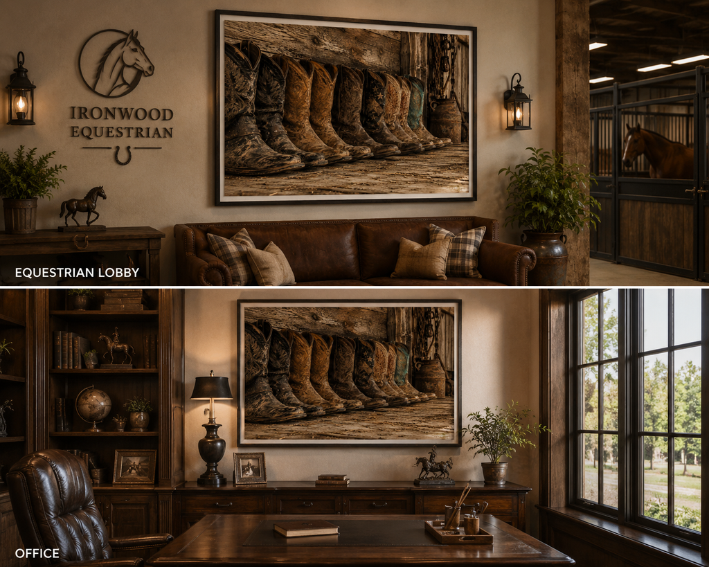 Equestrian Lobby and an Office Display - A collection of weathered cowboy boots lined against a rustic barn wall, celebrating the craftsmanship, heritage, and enduring spirit of the American West.