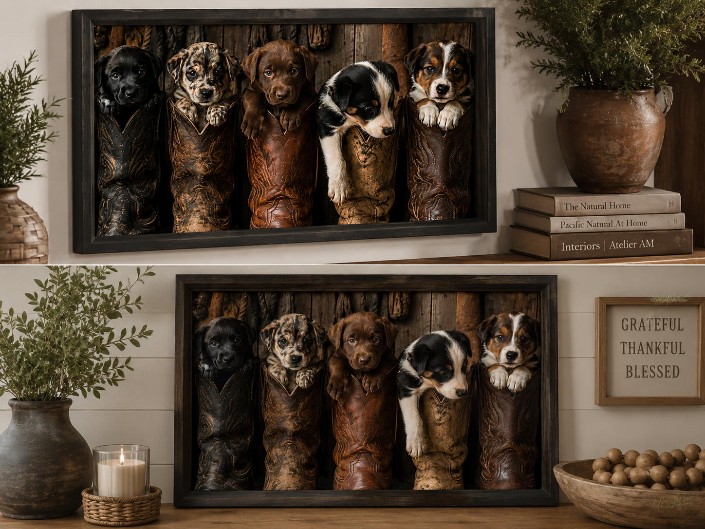 Entryway - Five adorable puppies nestled in weathered cowboy boots create a heartwarming scene filled with Western charm, playful personalities, and rustic country style.
