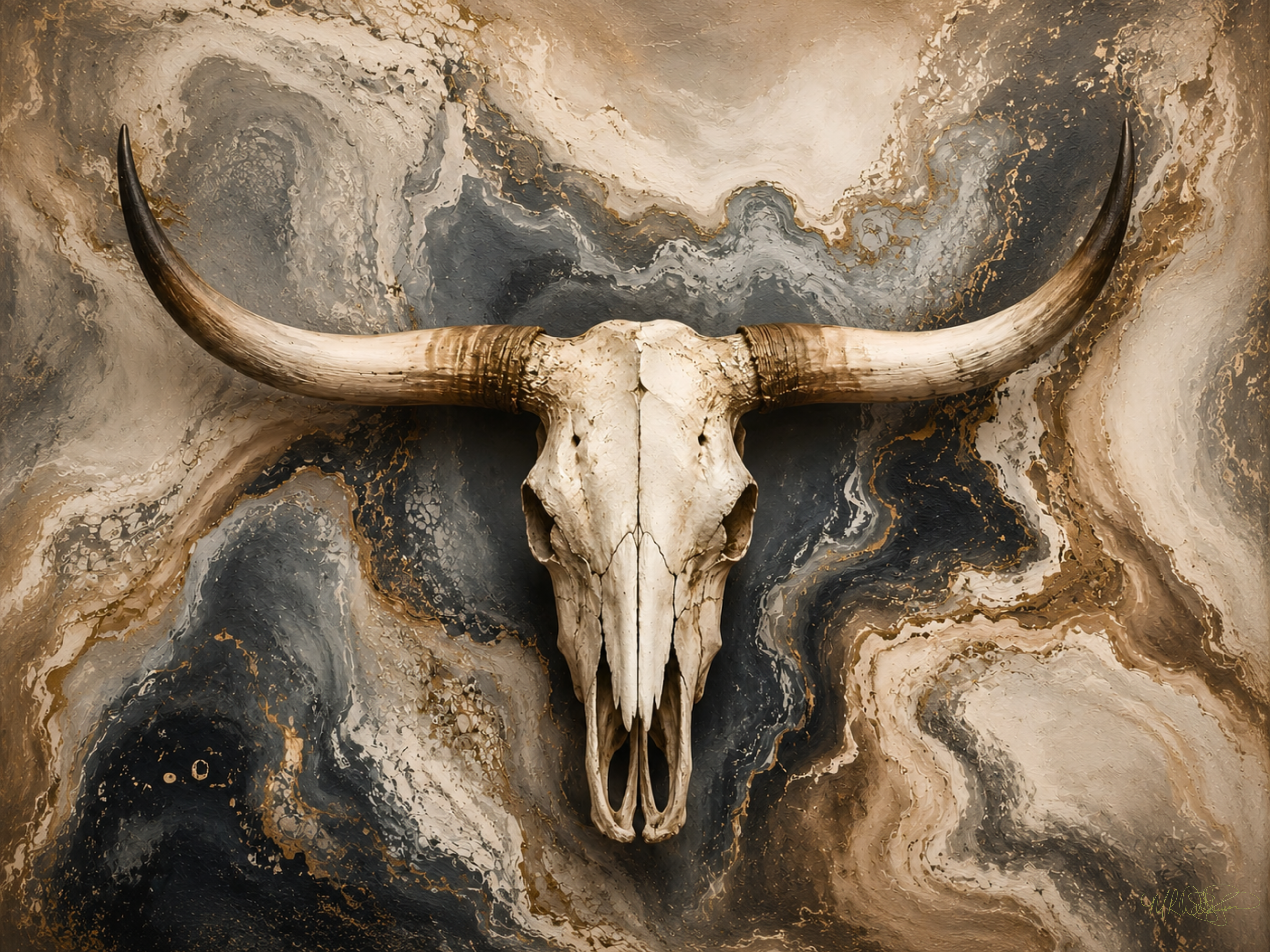 Zoomed in look at Western longhorn skull artwork featuring a dramatic marbled background in ivory, charcoal, taupe, and gold. Modern ranch-inspired wall art blending rustic Western heritage with luxury farmhouse and contemporary home décor styles.