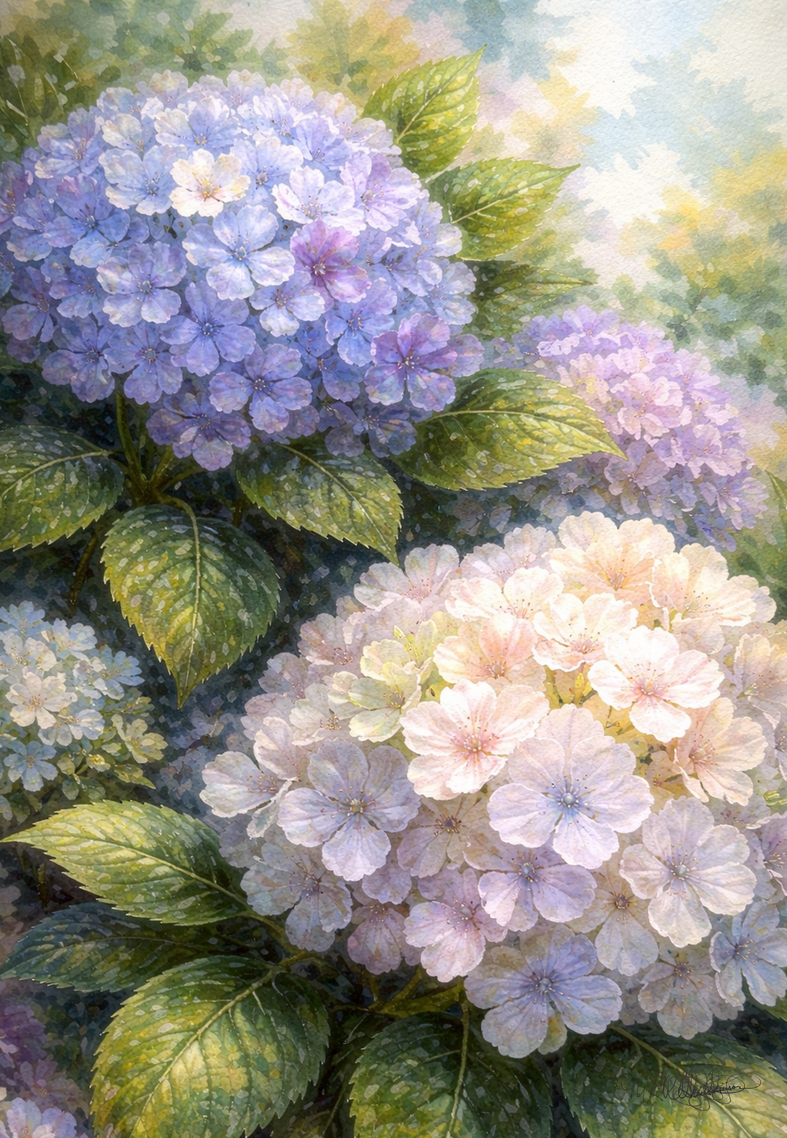 Hydrangea Watercolor Floral Digital Download – Soft Botanical Cottagecore Wall Art